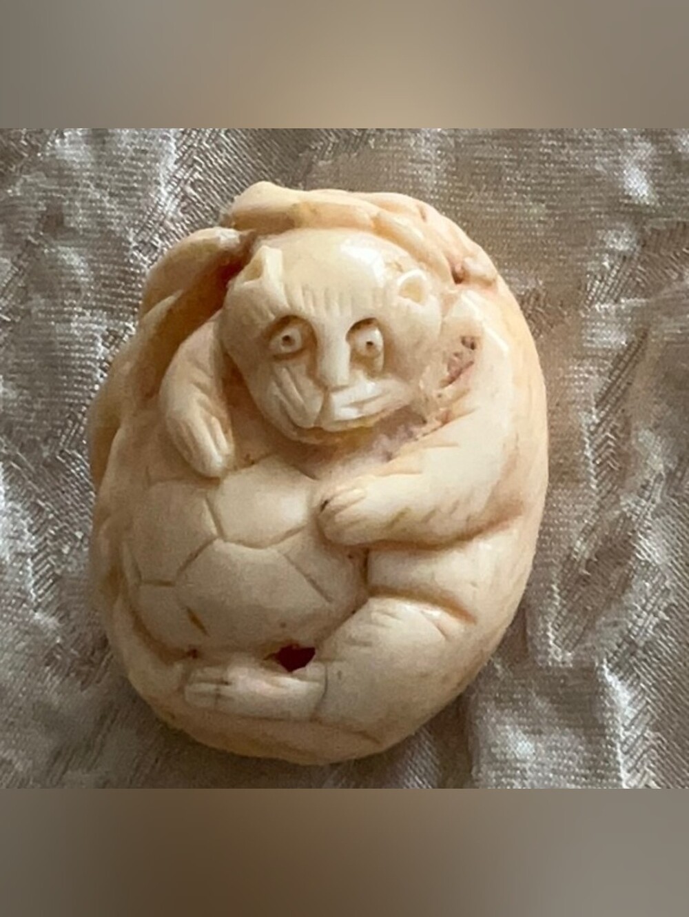 Vintage Netsuke Cat With Ball Carved Bead- Soft Cream Nest